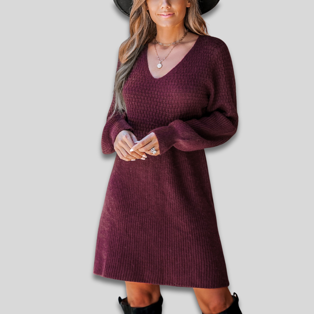 Women's Cozy Chunky Knit Fall Dress - Long Sleeve V Neck Mini