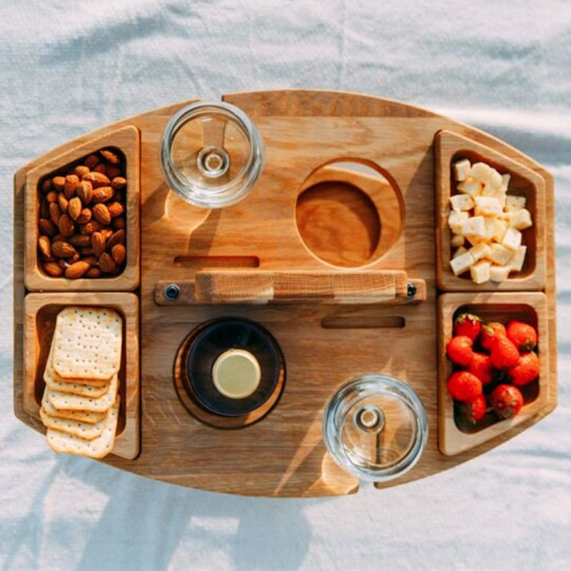 Wood Picnic Wine Table with Snack Trays