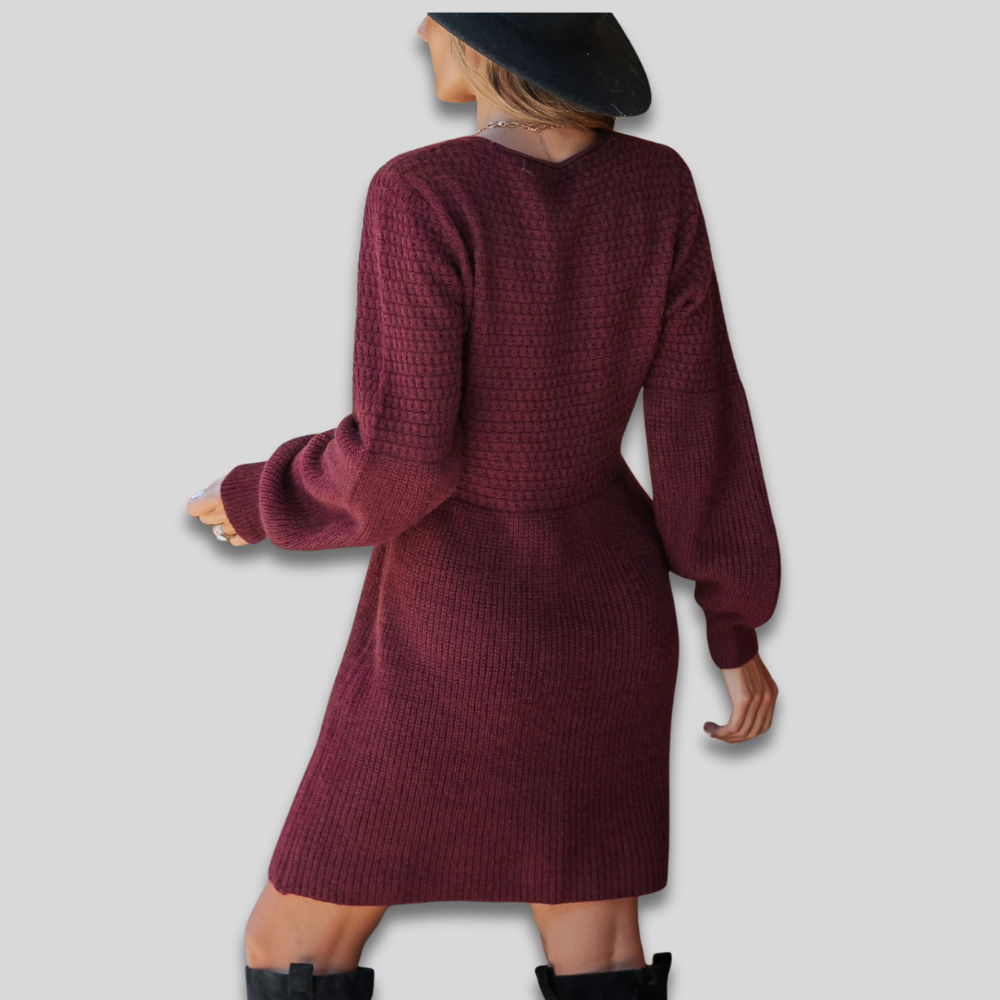 Dámské pohodlné hrubé pletené podzimní šaty - dlouhý rukáv, výstřih do V, mini