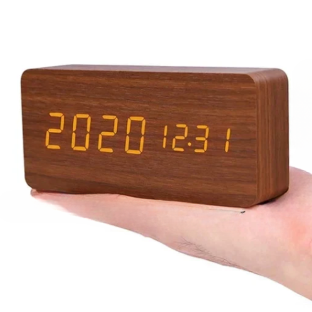 LED Alarm Clock with Wooden Digital Display
