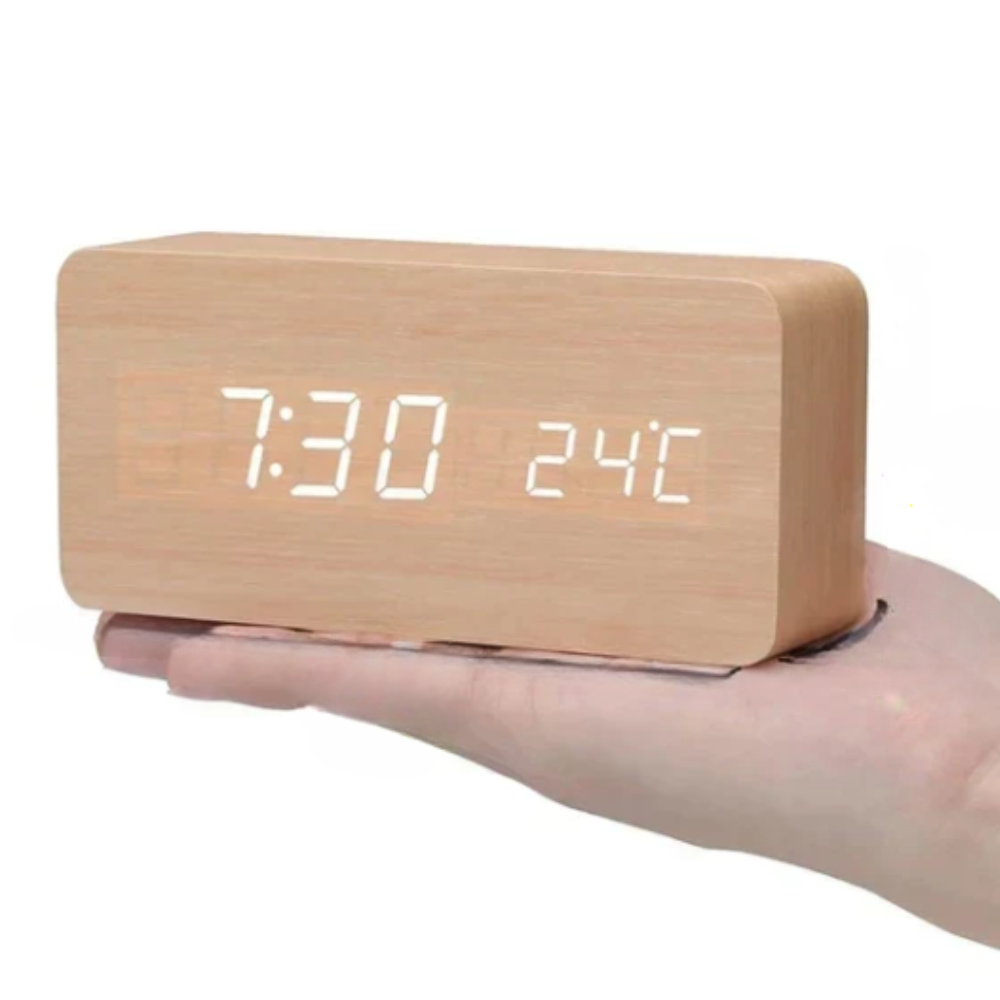 LED Alarm Clock with Wooden Digital Display