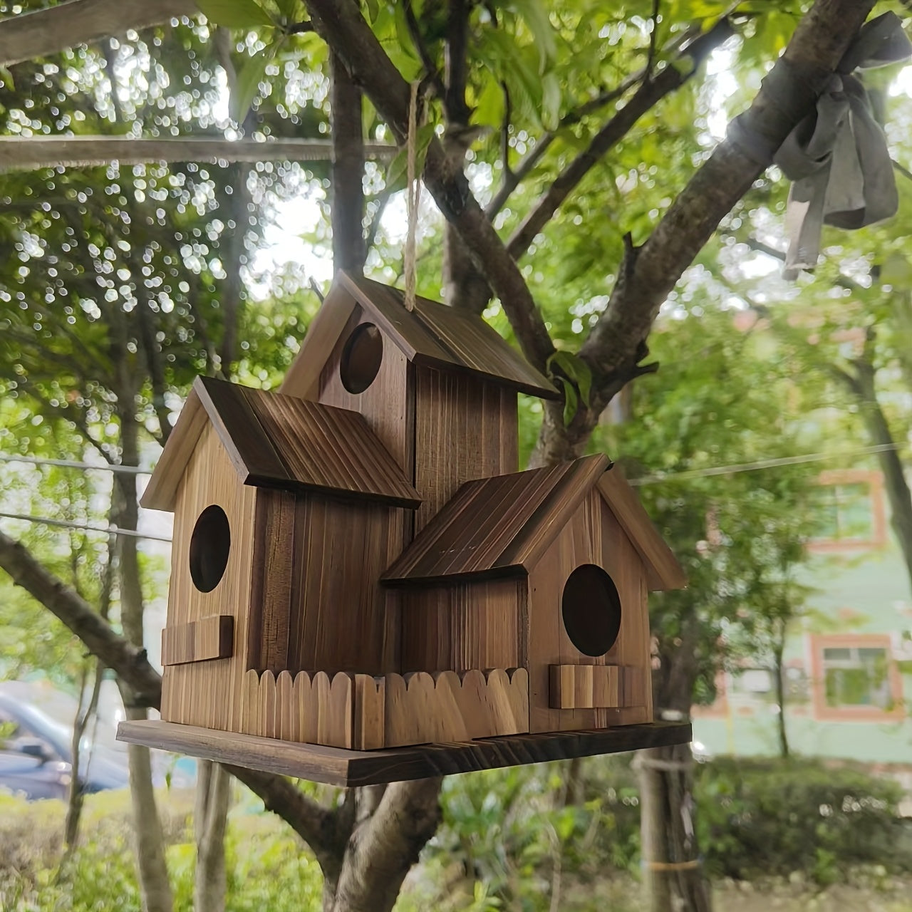 Bird House Rustic Wooden Multi-Room Feeder