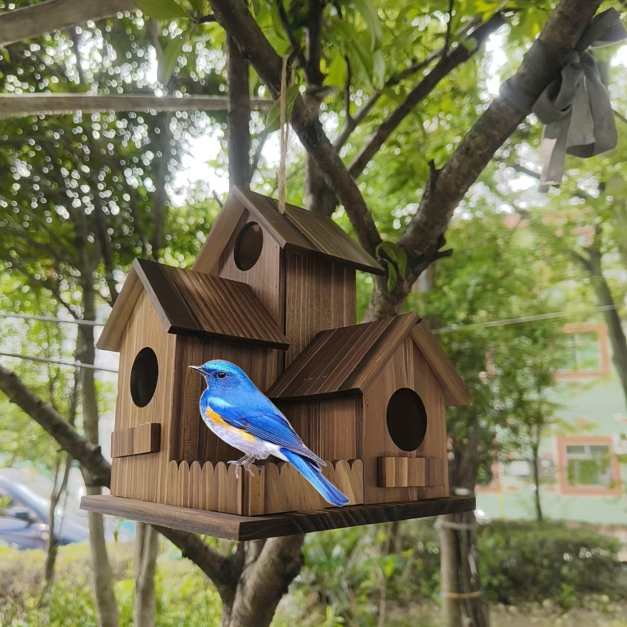 Bird House Rustic Wooden Multi-Room Feeder