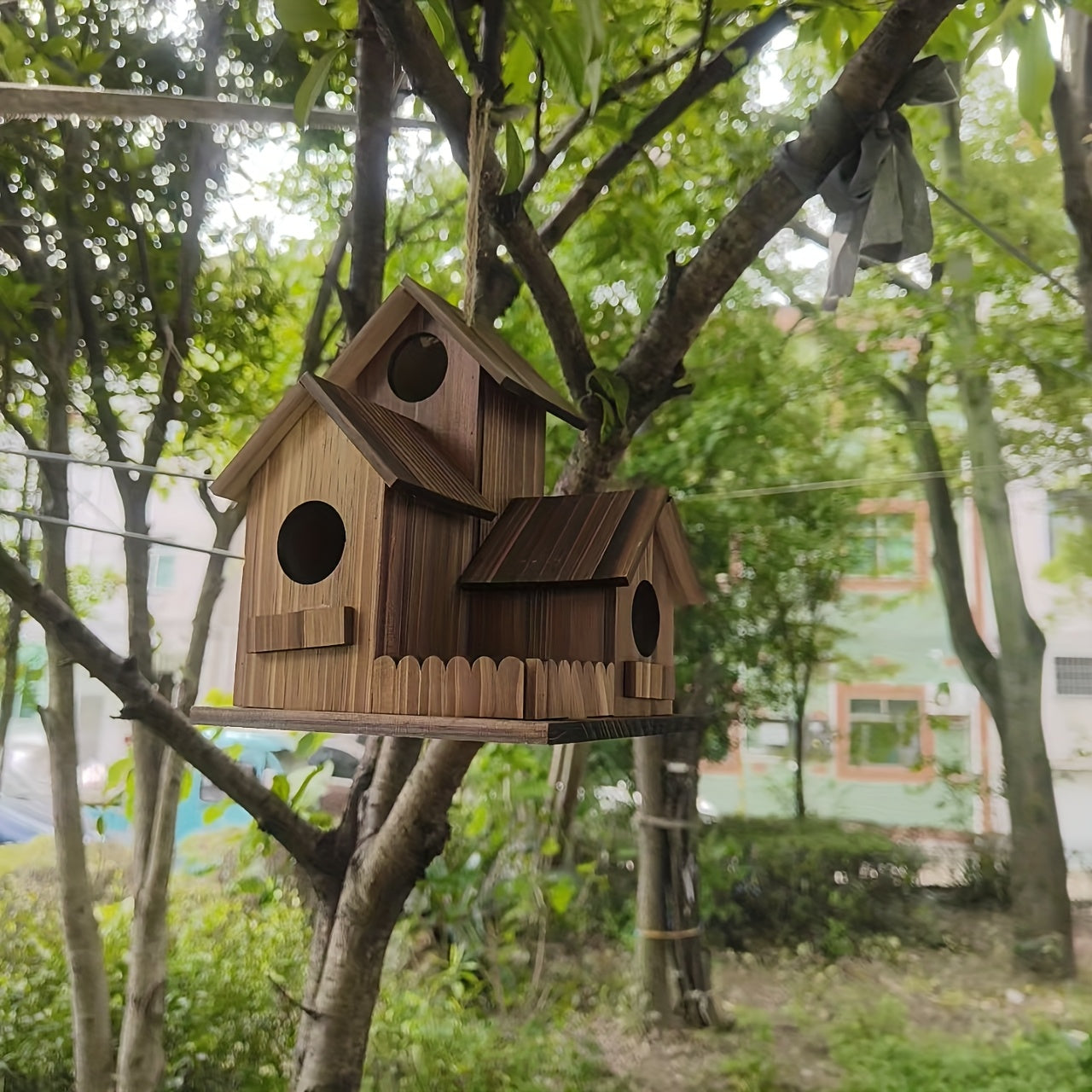 Bird House Rustic Wooden Multi-Room Feeder