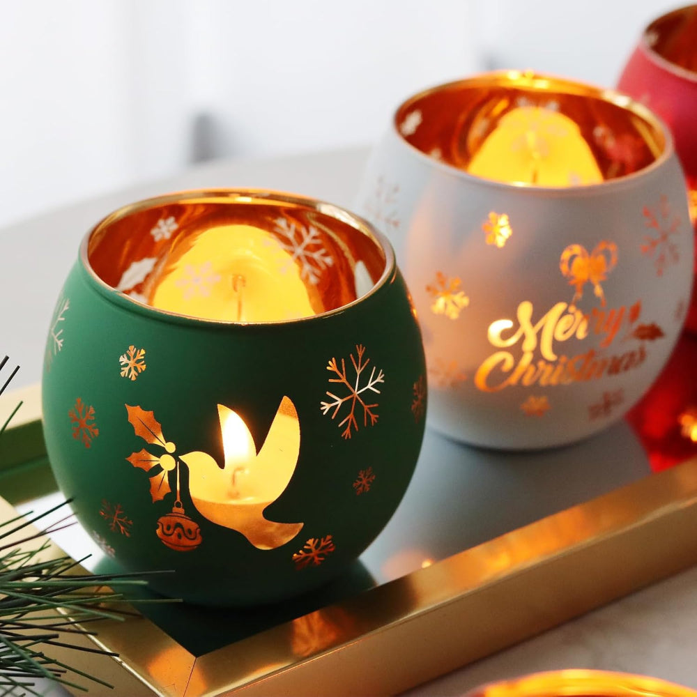 Candle Holders Glass Tealight Frosted Christmas Table Set