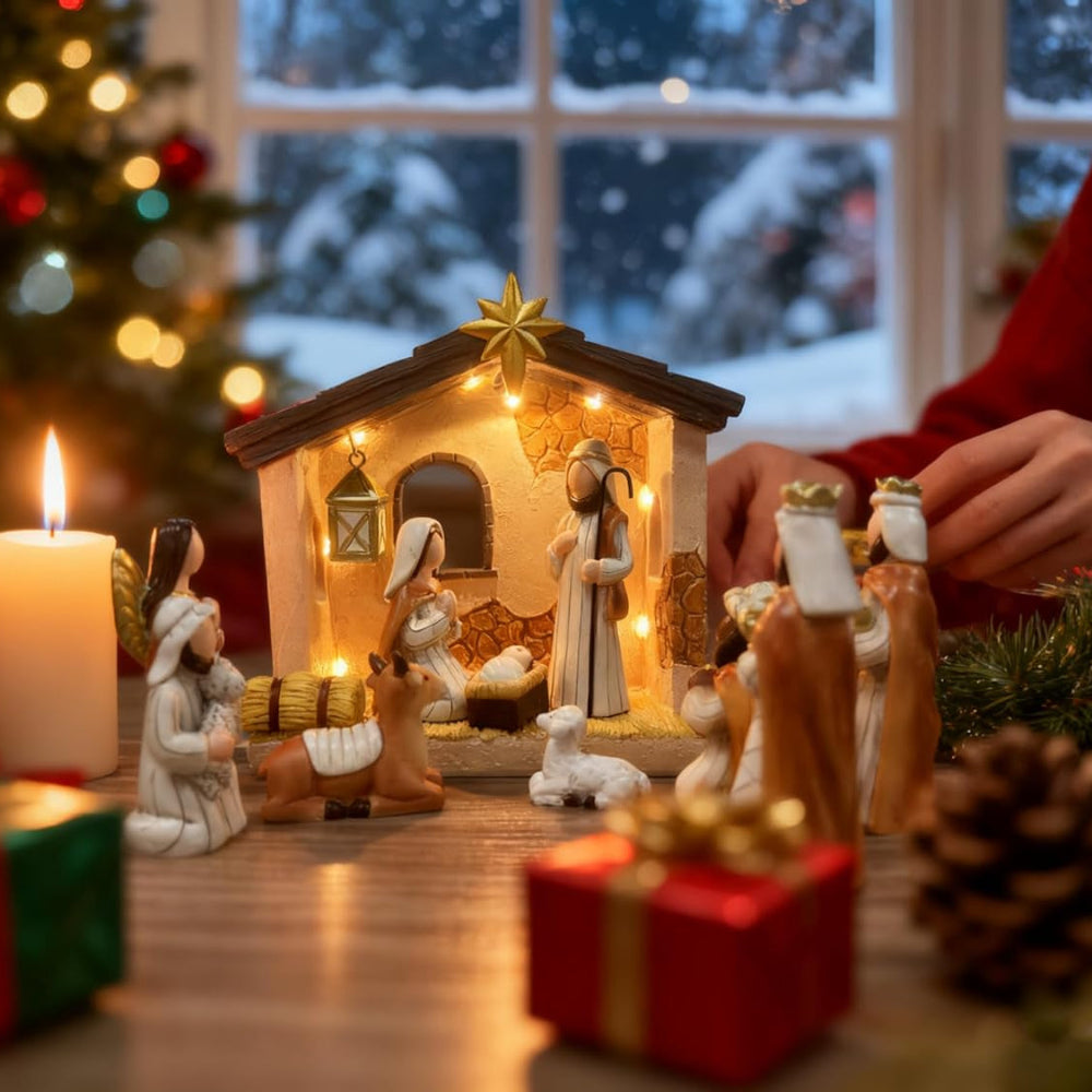 Christmas Decor Nativity Scene Rustic Lighted Tabletop Display