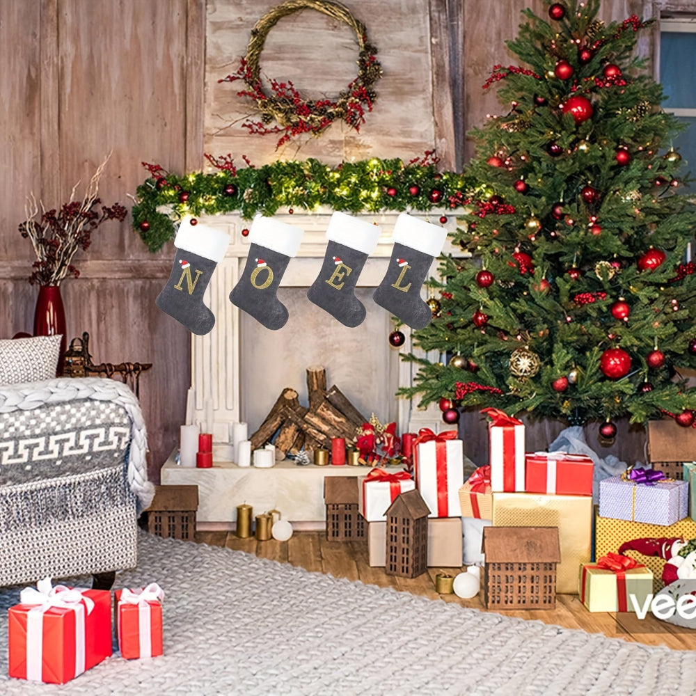 Christmas Stockings Velvet Monogram Letter Gray Holiday Decor