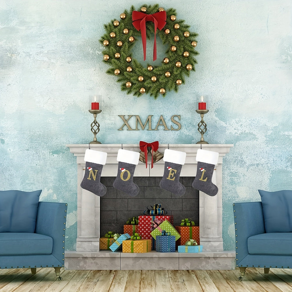 Christmas Stockings Velvet Monogram Letter Gray Holiday Decor