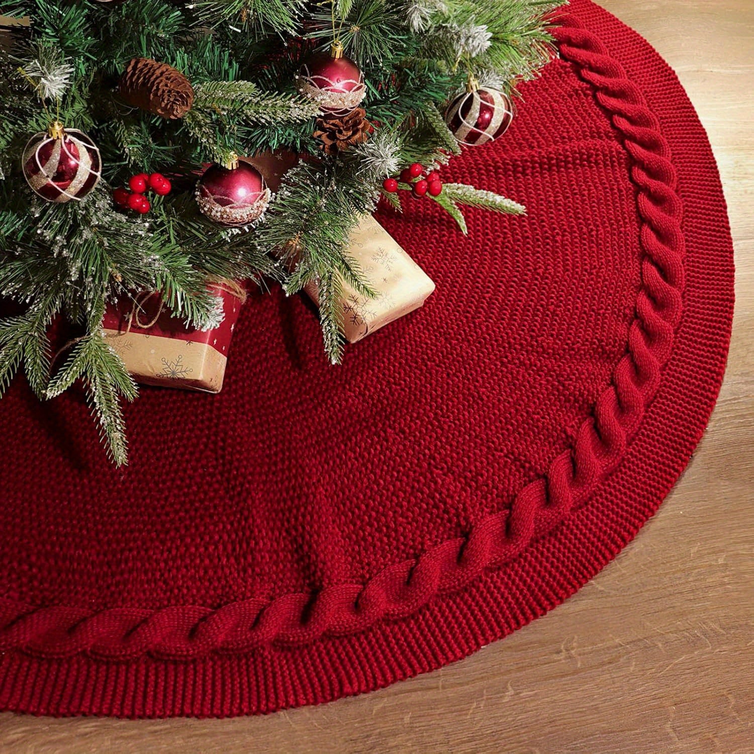 Christmas Tree Skirt Cable Knit Round Holiday Decoration