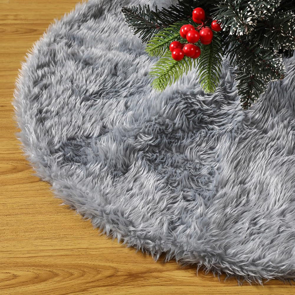 Christmas Tree Skirt Plush Faux Fur Round Base Cover Holiday Mat