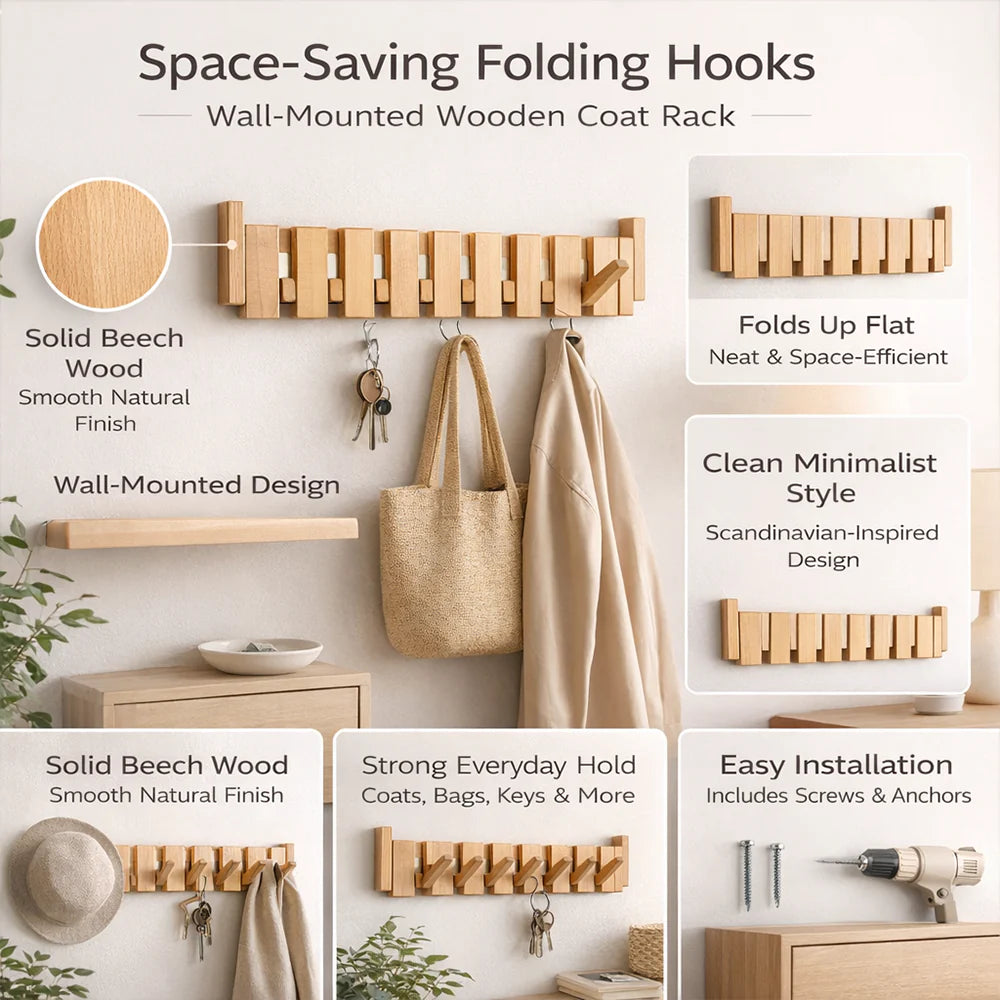 Wall Coat Rack Wooden Folding Hooks Space Saving Entryway