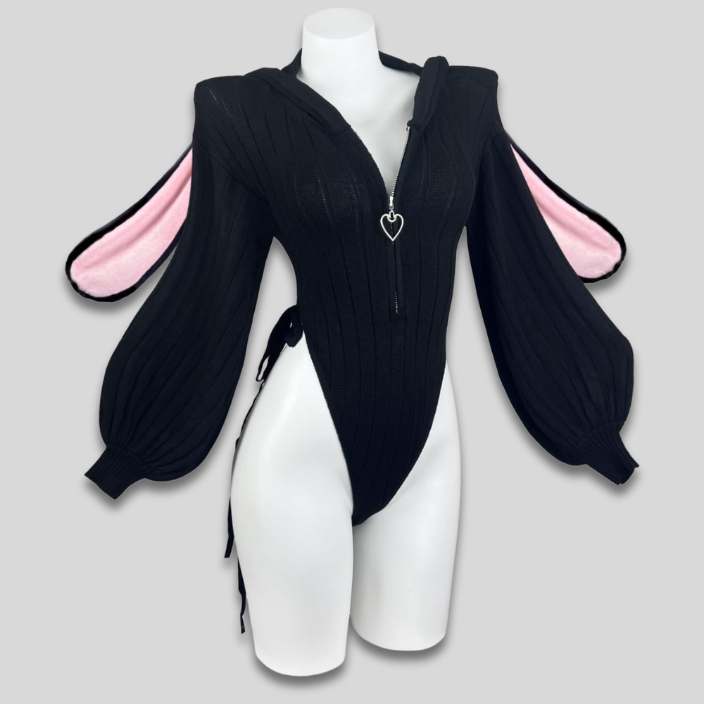 Women's Sexy Hooded Bodysuit Cosplay Bunny Ears Zip Front Gift