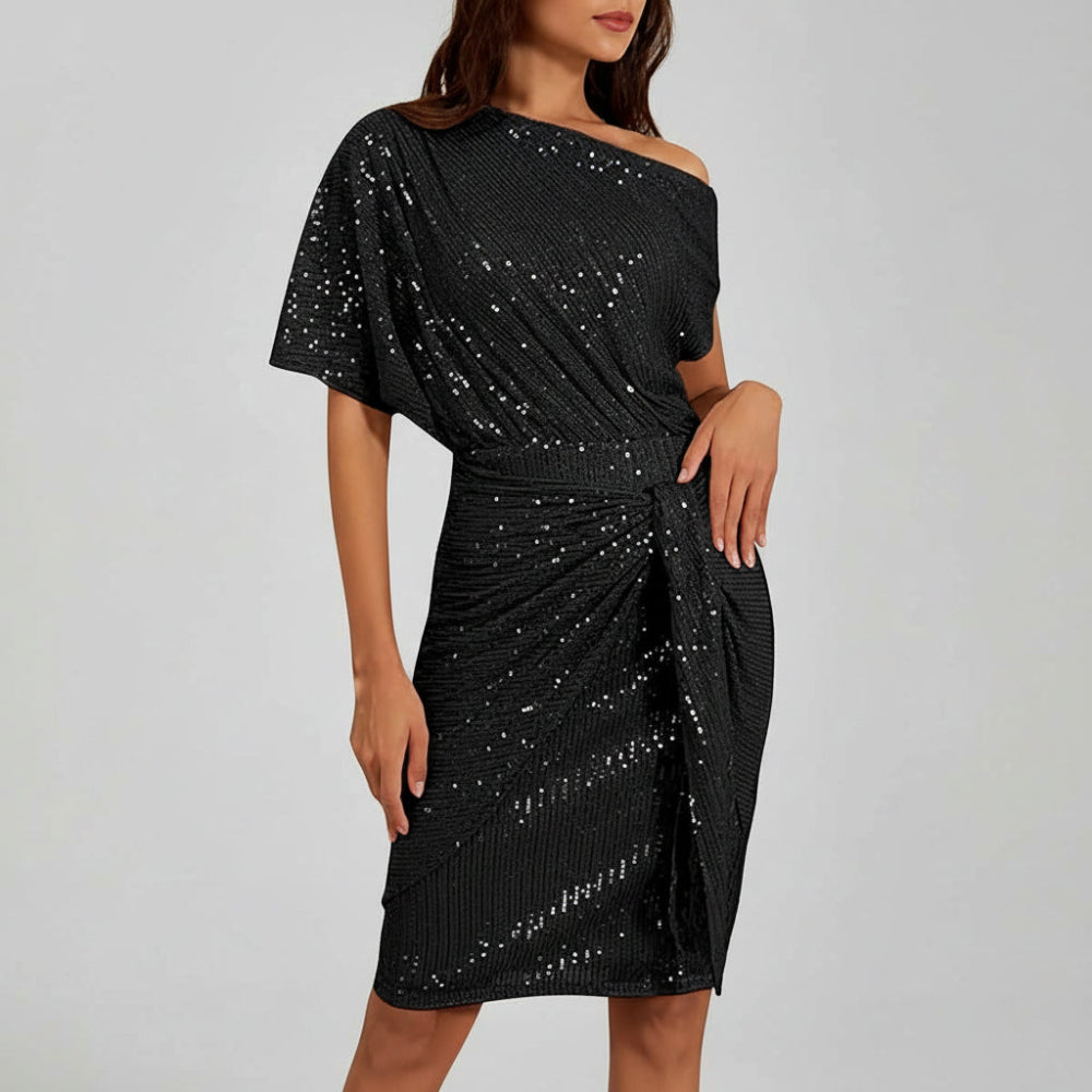 Women Sequin Party Dress - Elegant One Shoulder Ruched Dress Mini