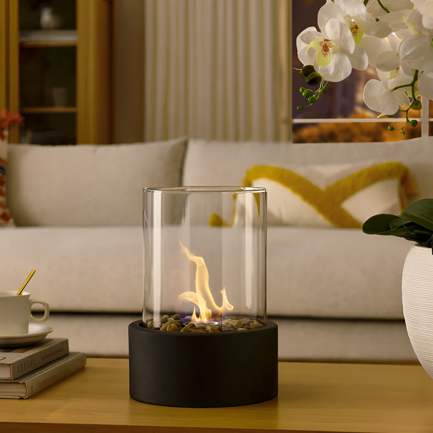 Modern Tabletop Fireplace | Sleek Metal Base & Clean Burning for Indoor/Outdoor