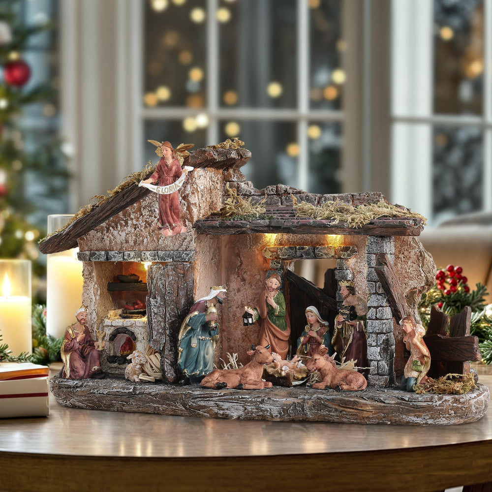 Nativity Scene Rustic Lighted Tabletop Christmas Manger Set Display