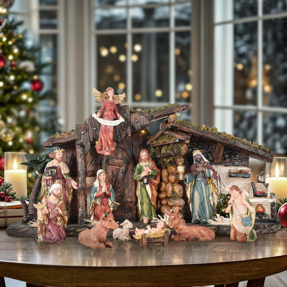 Nativity Scene Rustic Lighted Tabletop Christmas Manger Set Display