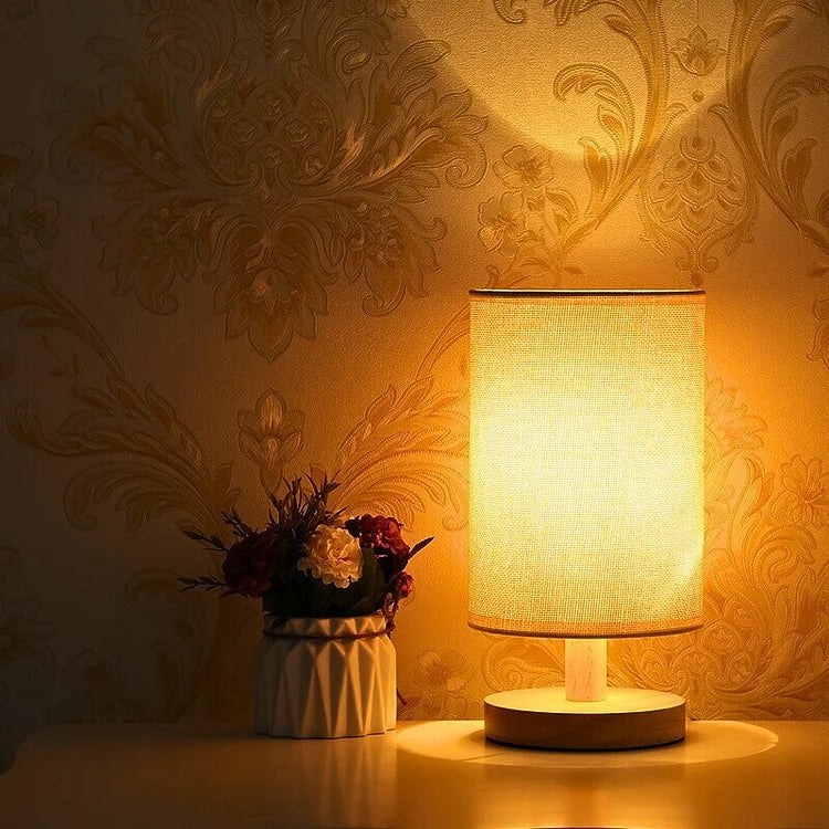 Table Lamp Natural Wood Fabric Dimmable Light