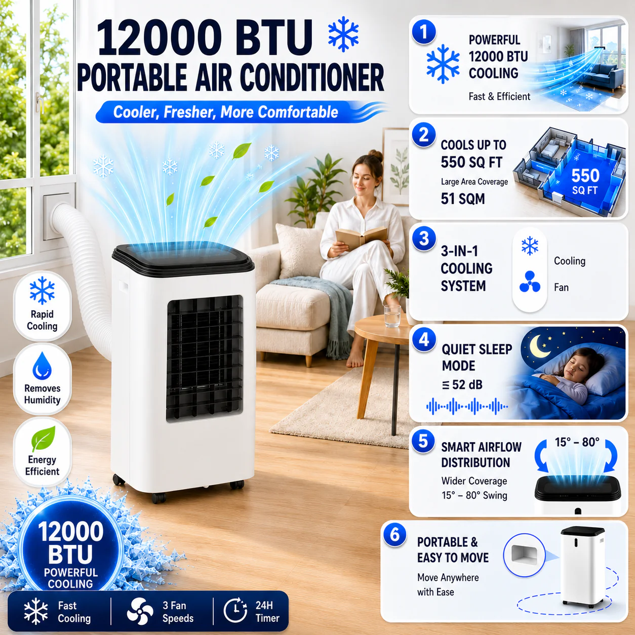 Portable Air Conditioner 12000 BTU Quiet Room Cooling Unit