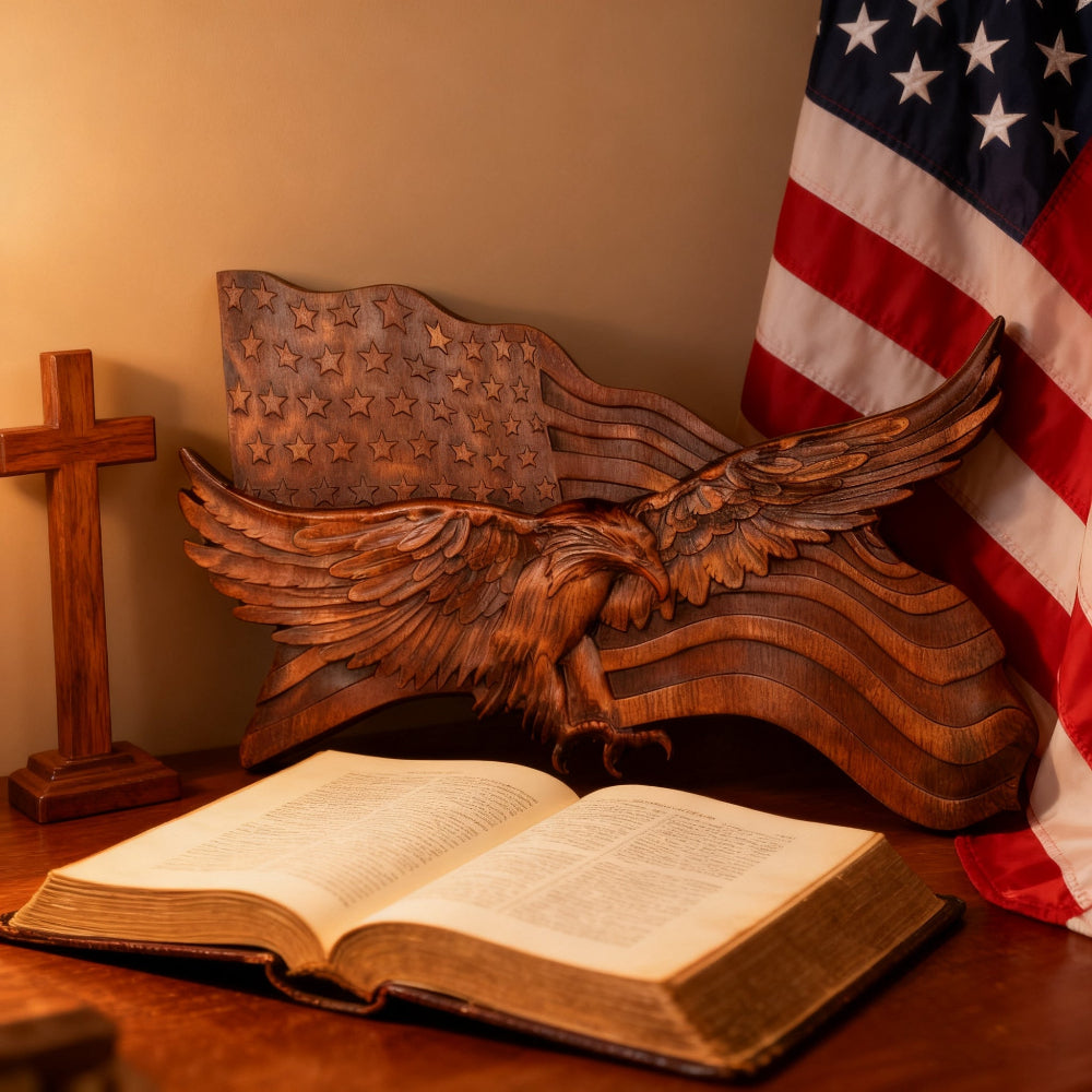 Rustic American Flag Wall Art Carved Eagle Wood Sculpture