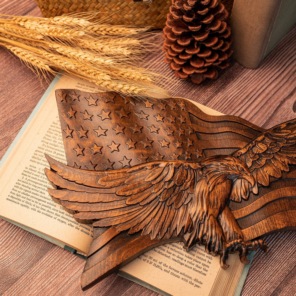Rustic American Flag Wall Art Carved Eagle Wood Sculpture