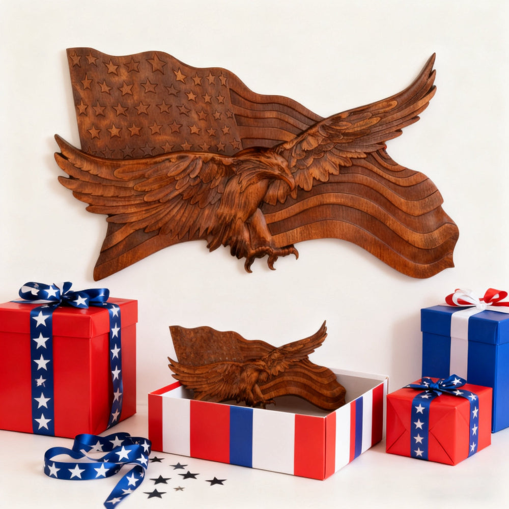 Rustic American Flag Wall Art Carved Eagle Wood Sculpture