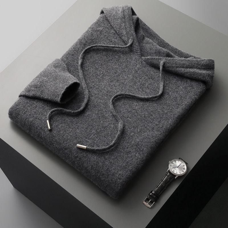 Wool Hoodie Merino Knit Pullover for Men