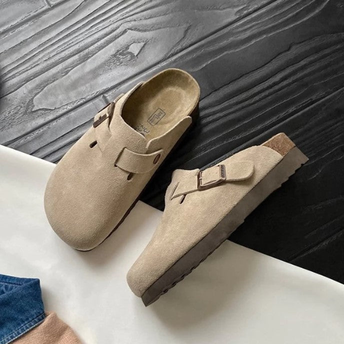 Suede Slip On Clogs with Cork Footbed