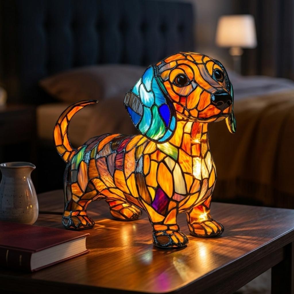 Lampe de Table Vitrail Chien Multicolore Style Tiffany LED