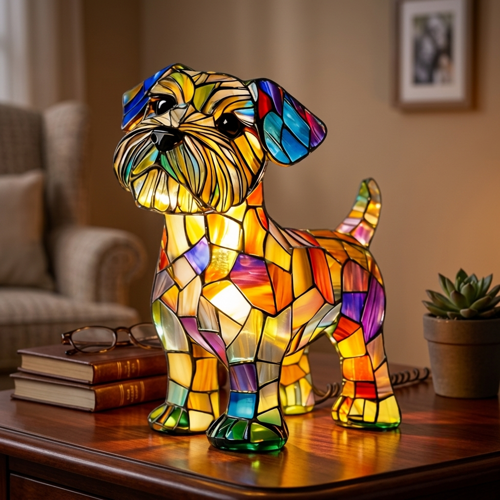 Table Lamp Stained Glass Dog LED Night Light Decor