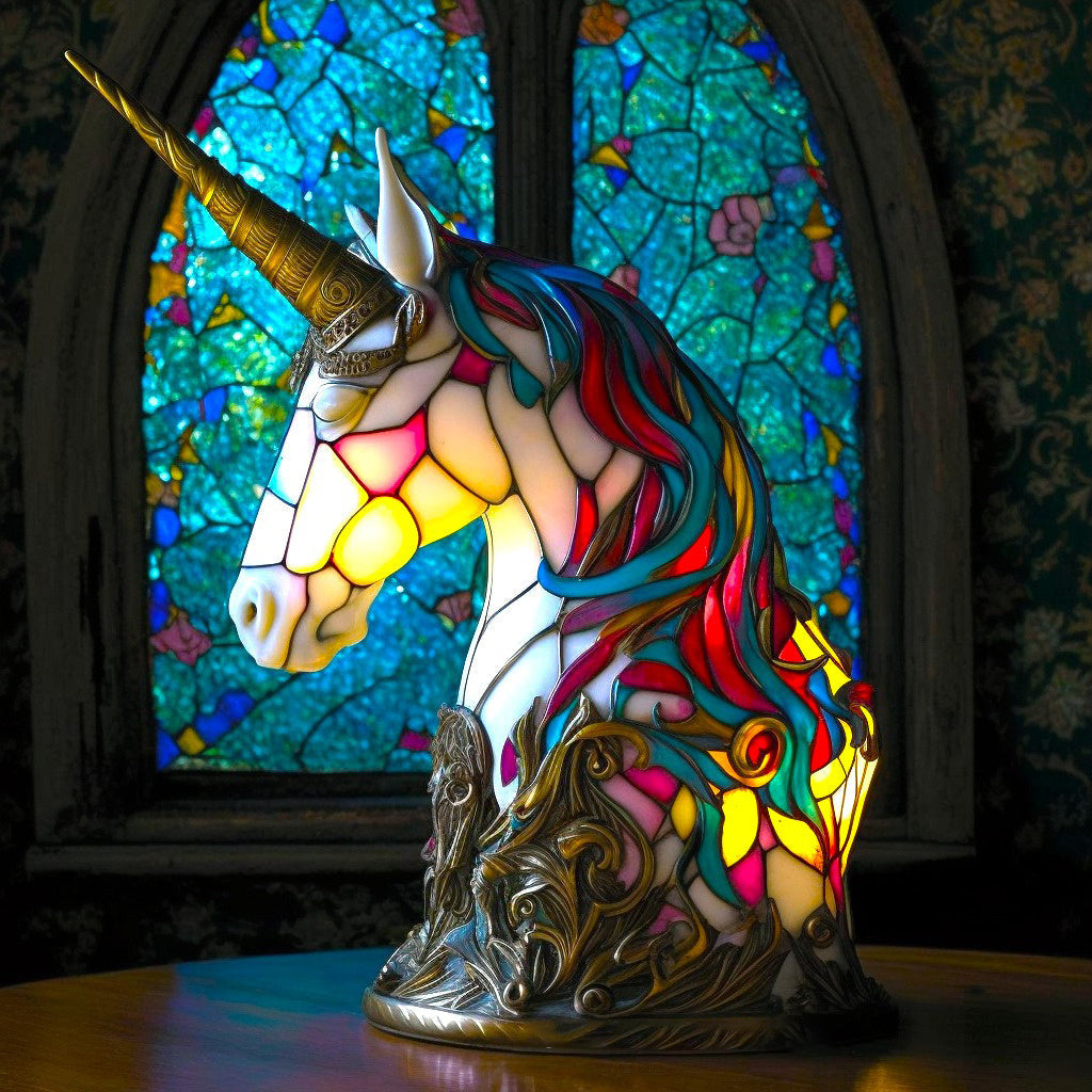 Buntes Einhorn-Tiffany-Lampe vor Buntglasfenster, dekorative Beleuchtung, Kunstglasdesign.