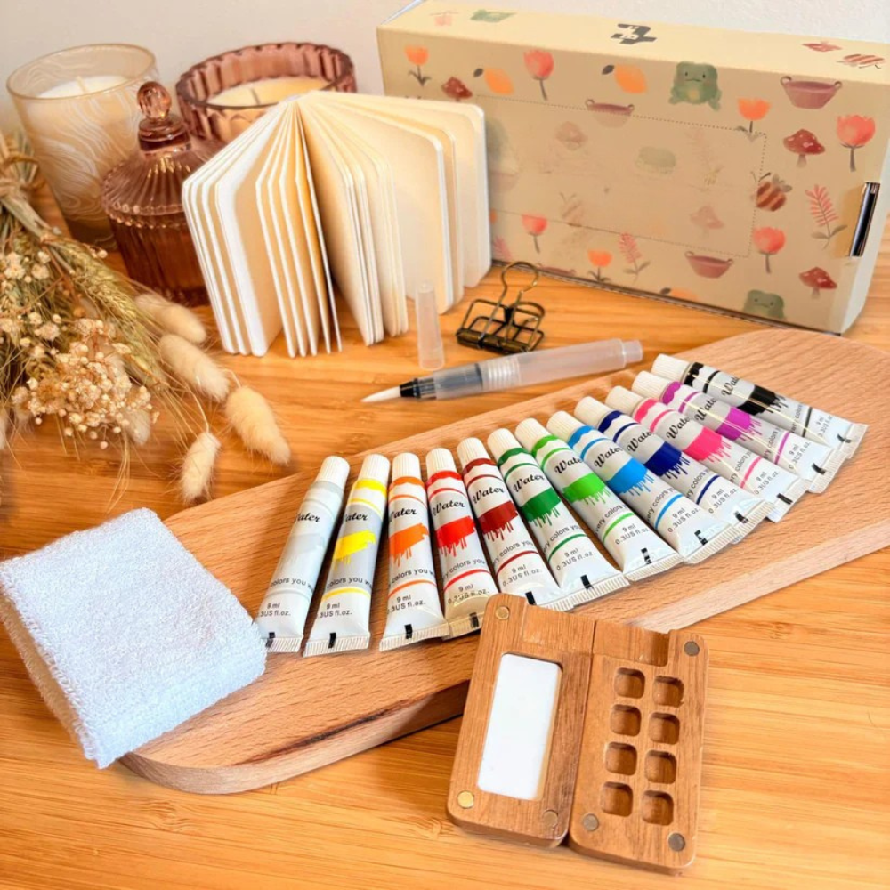 Watercolor Paint Set Travel Kit Brush Paper Pad Compact Design