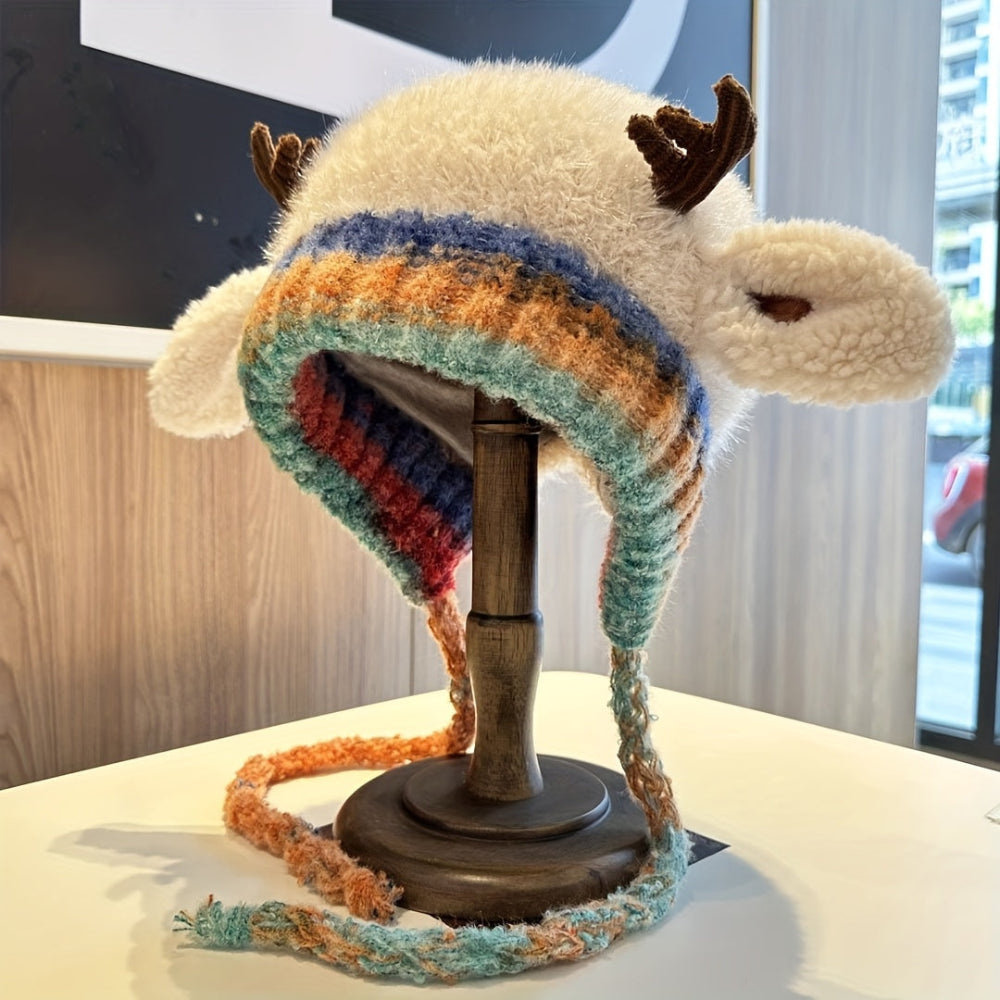 Women's Cozy Reindeer Knit Beanie - Cute Winter Hat Antlers