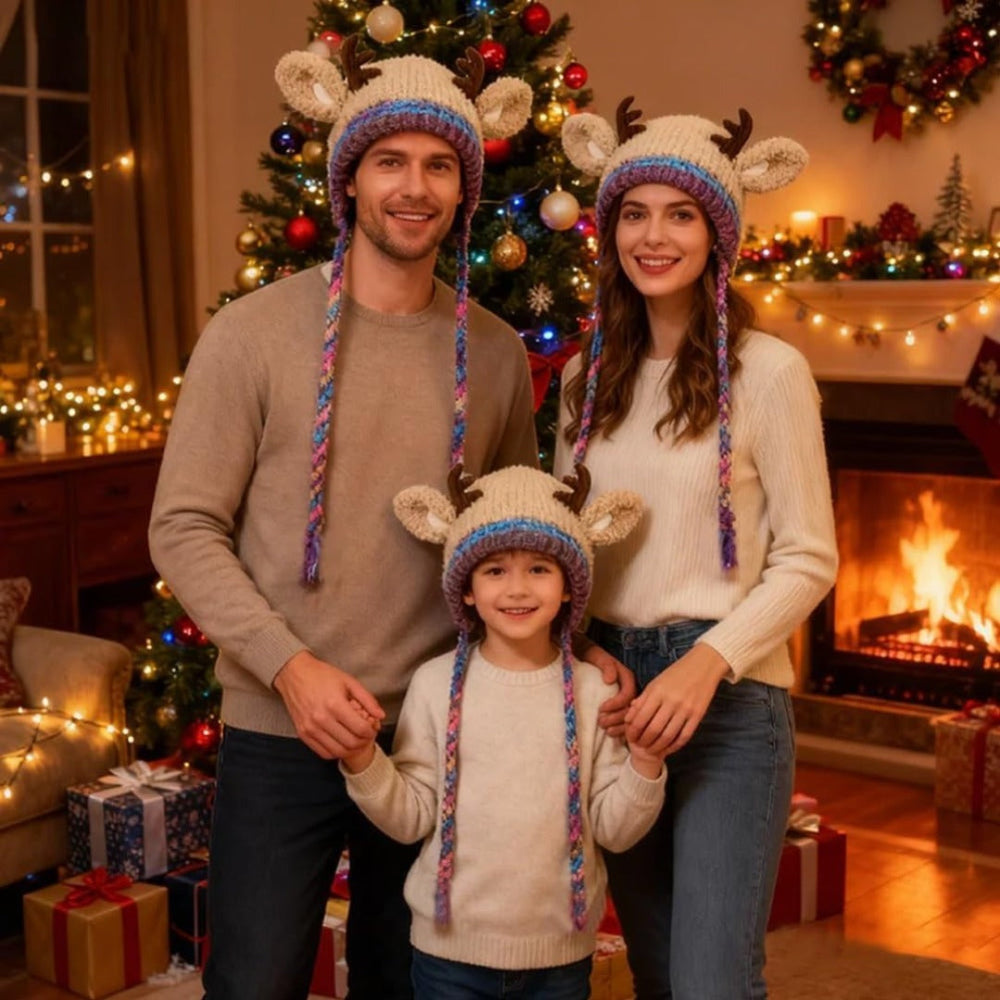 Dámská pohodlná pletená čepice s sobem - roztomilá zimní čepice s parůžky