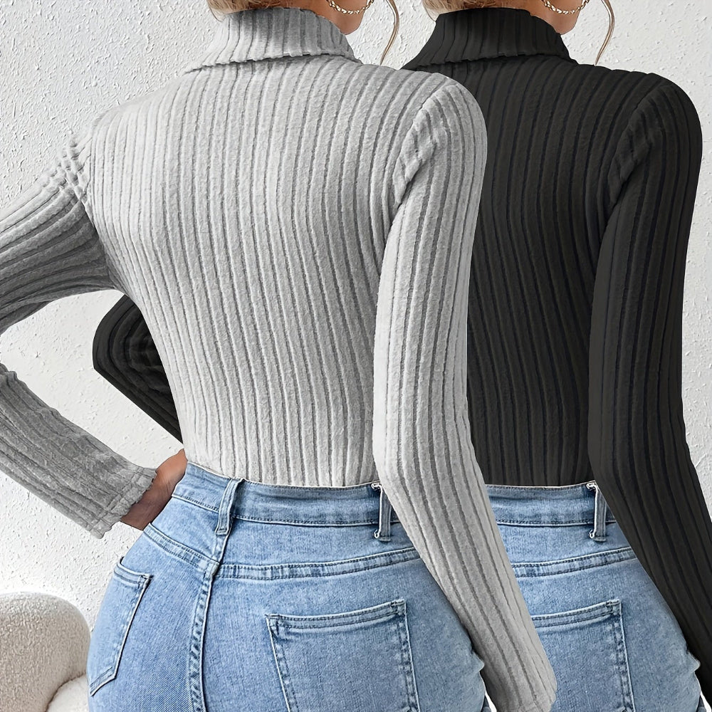 Women Ribbed Turtleneck Long Sleeve Jumpsuit - Slim Fit