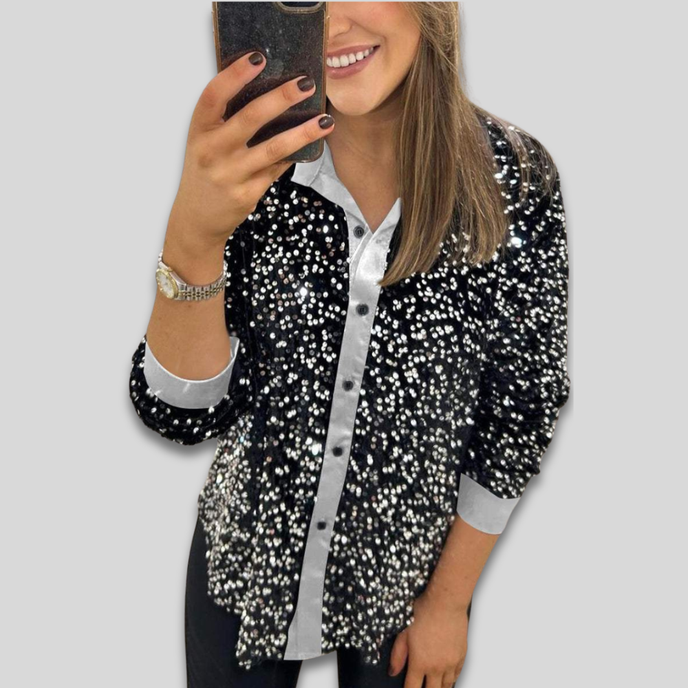 Women’s Long Sleeve Sequin Party Blouse - Sparkly Thanksgiving Outfit