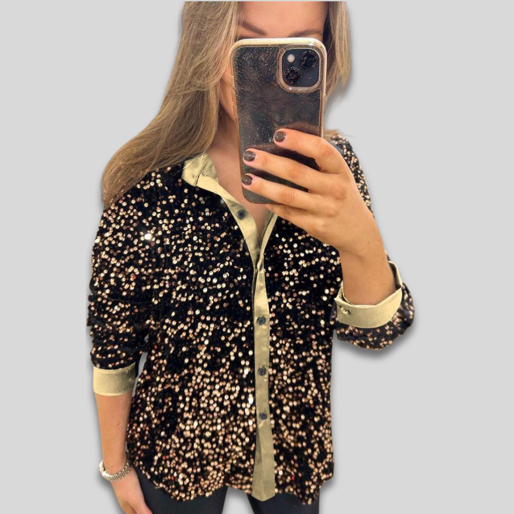 Women’s Long Sleeve Sequin Party Blouse - Sparkly Thanksgiving Outfit