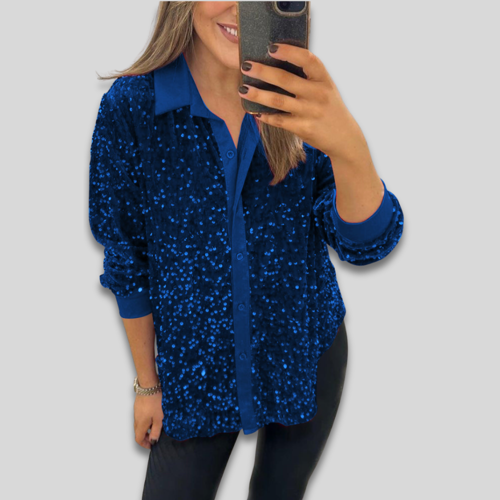 Women’s Long Sleeve Sequin Party Blouse - Sparkly Thanksgiving Outfit