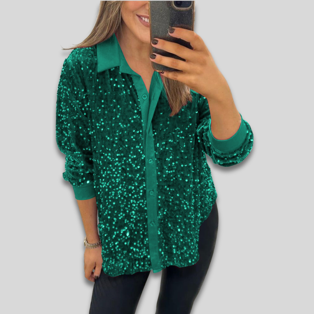Women’s Long Sleeve Sequin Party Blouse - Sparkly Thanksgiving Outfit