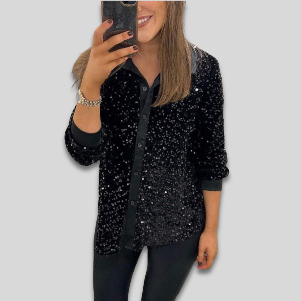 Women’s Long Sleeve Sequin Party Blouse - Sparkly Thanksgiving Outfit