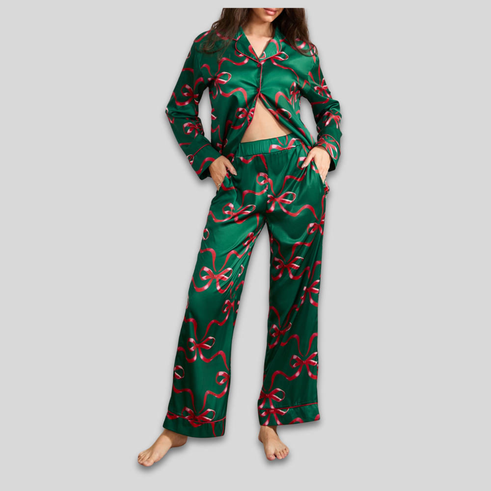 Women’s Satin Christmas Loungewear Set - Long Sleeve Pajamas