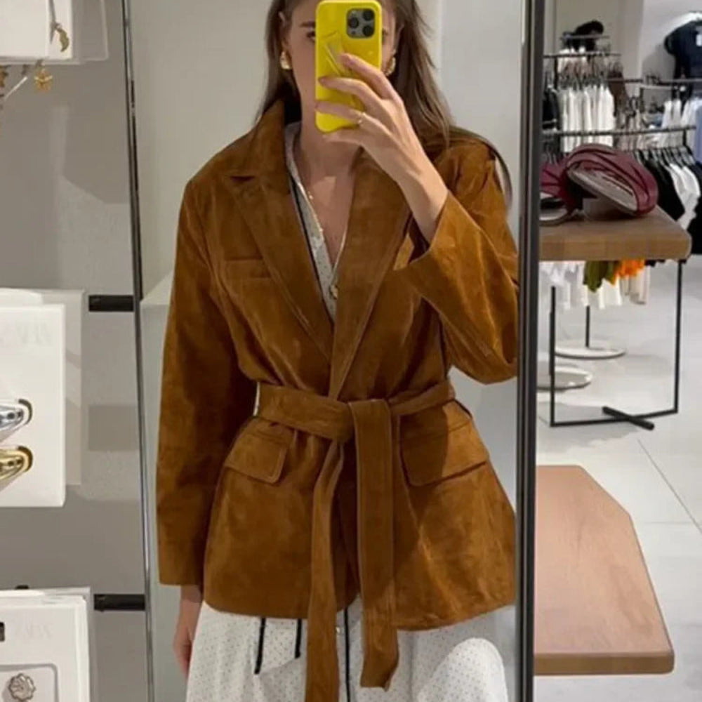 Women's Suede Belted Coat with Pockets – Long Sleeve Lapel Jacket for Autumn Style - Image 1
