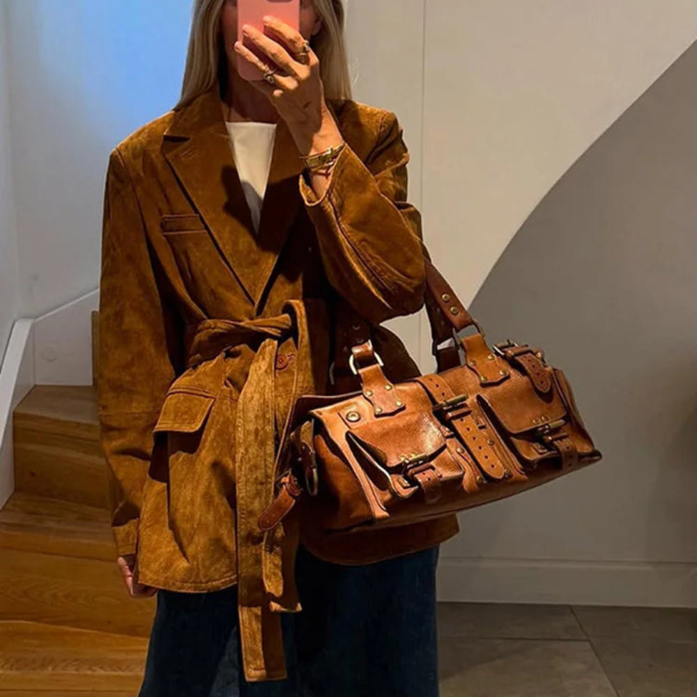 Women's Suede Belted Coat with Pockets – Long Sleeve Lapel Jacket for Autumn Style - Image 2