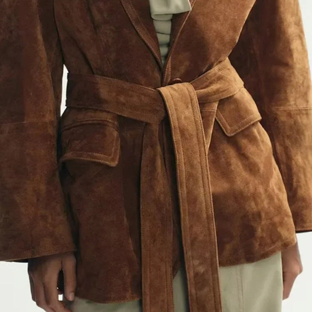 Women's Suede Belted Coat with Pockets – Long Sleeve Lapel Jacket for Autumn Style - Image 5