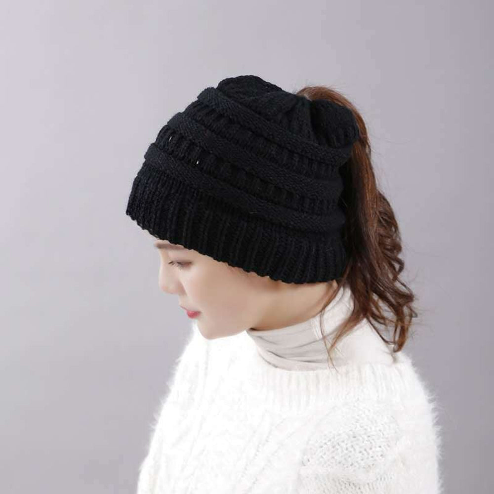 Women's Warm Knitted Winter Beanie Hat - Cozy Messy Bun Gift