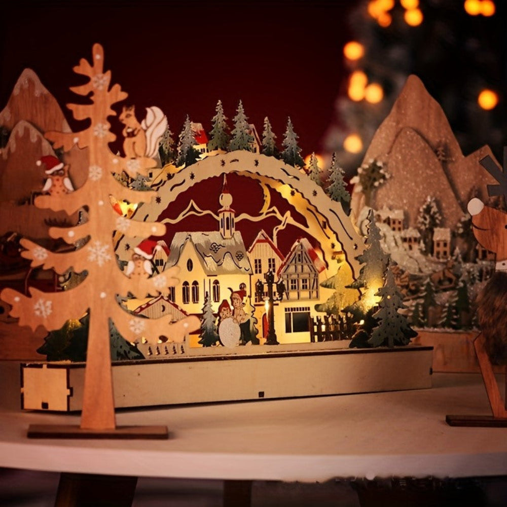Adornos Navideños Pueblo LED Decoración de Madera para Mesa