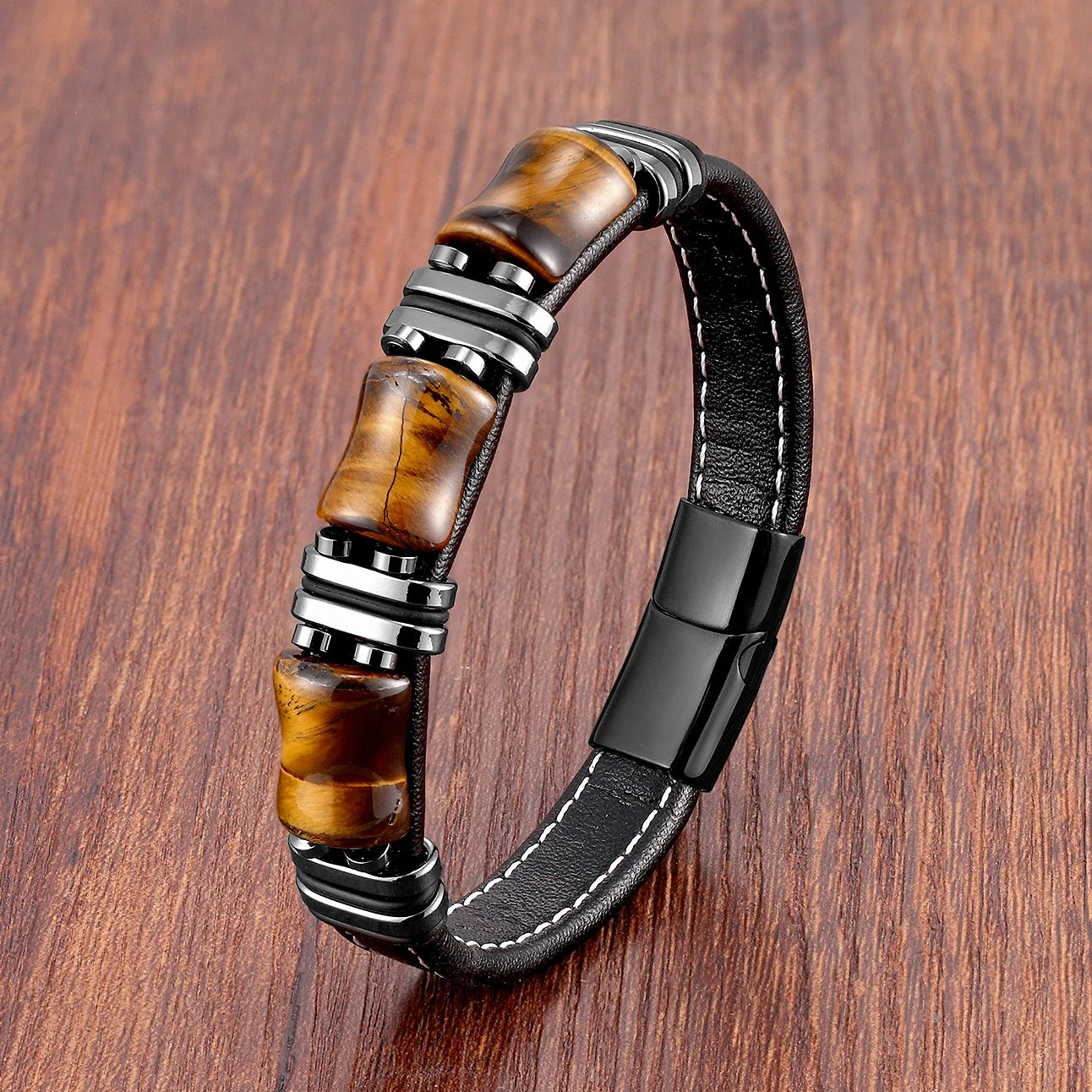 Leather Bracelet with Tiger Eye Natural Stone