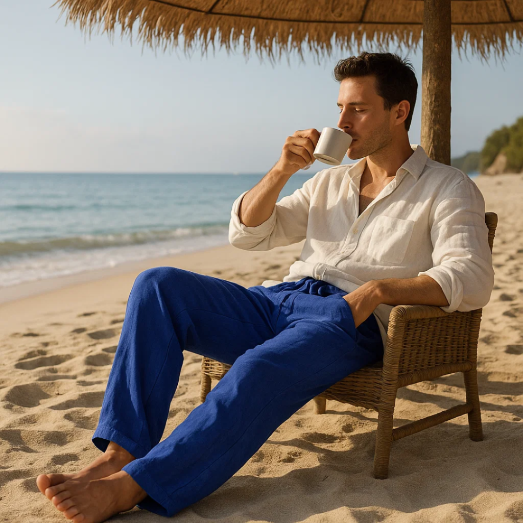 Casual Linen Trousers Men's Linen Pants Casual Trousers Relaxed Fit Drawstring - Image 1