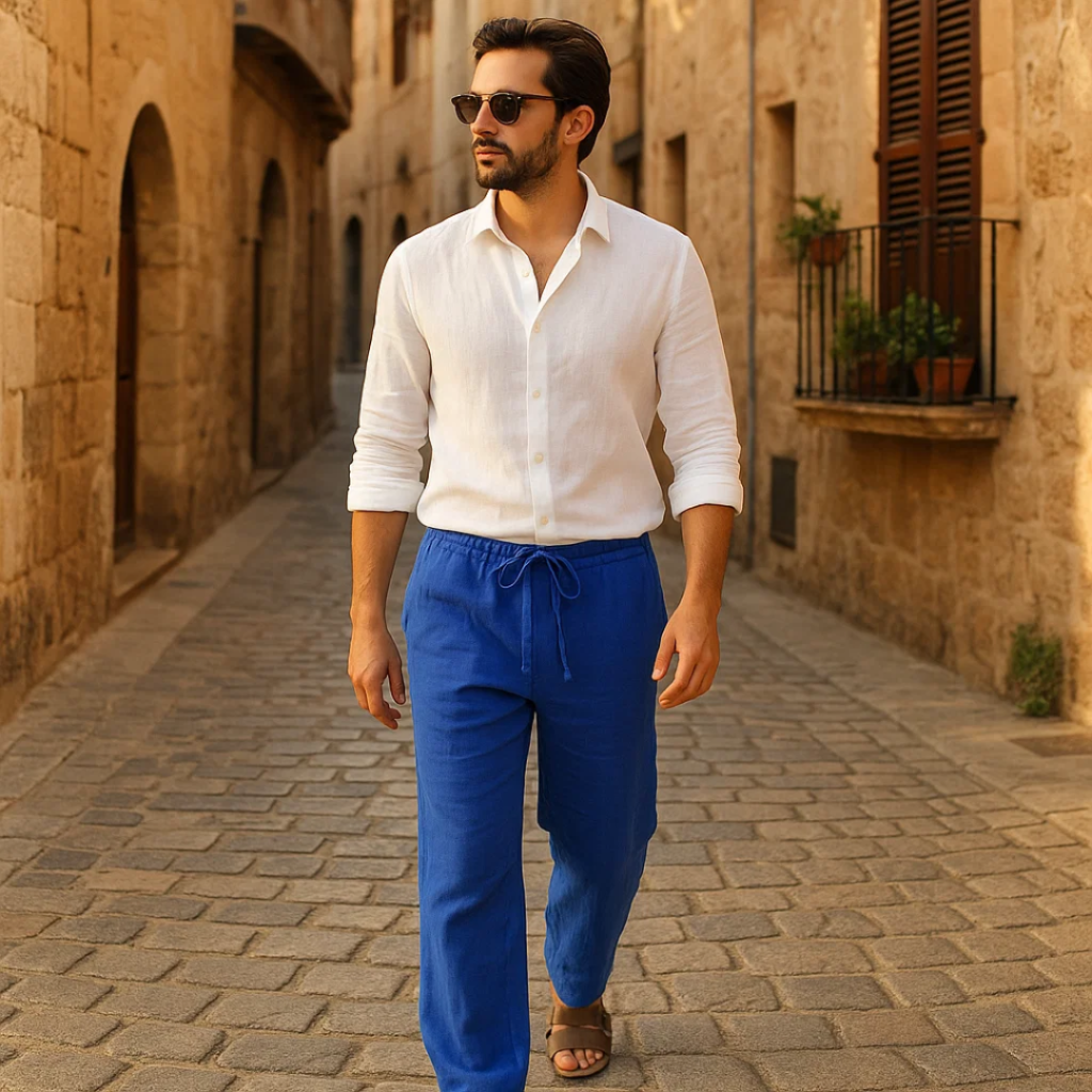 Casual Linen Trousers Men's Linen Pants Casual Trousers Relaxed Fit Drawstring - Image 2