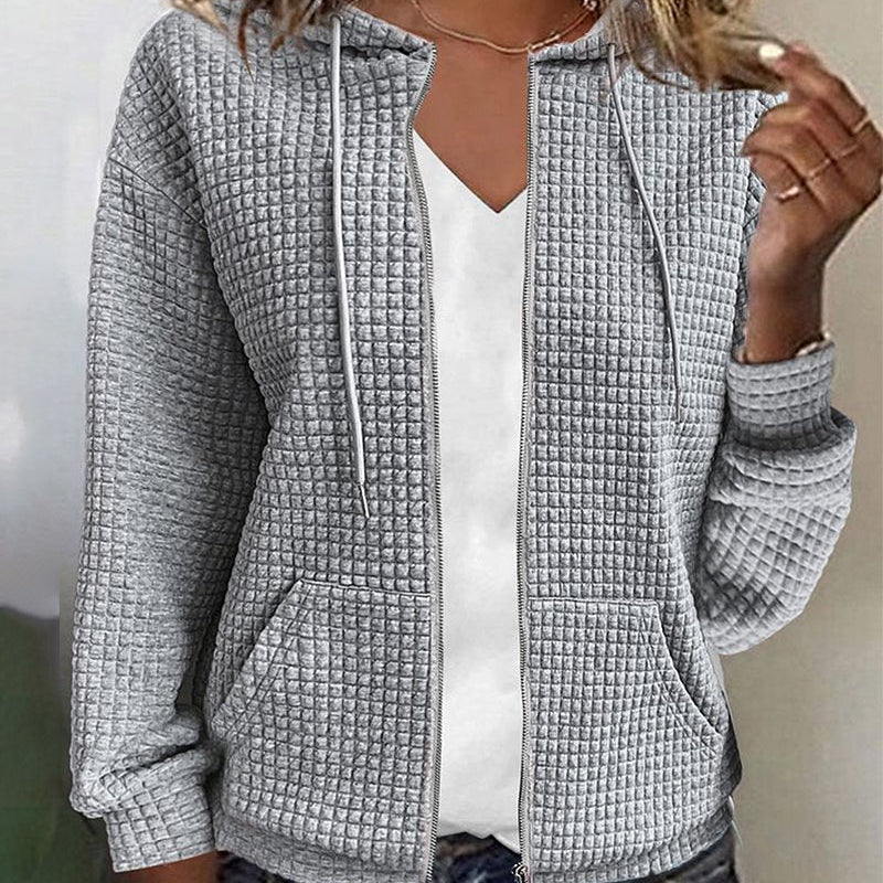 Women's Waffle Zip Up Sweatshirt | Casual Oversized Hoodie