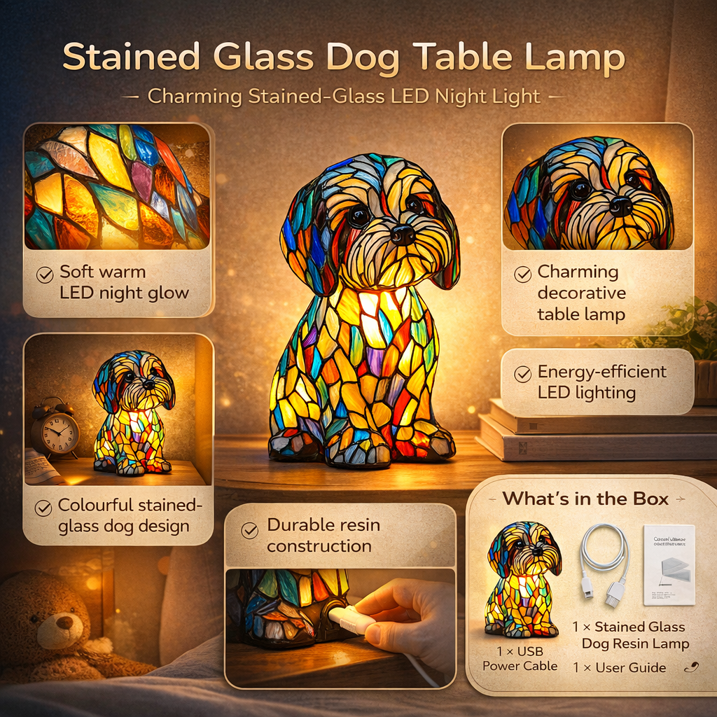 Dog Table Lamp Stained Glass LED Night Light Desk Decor - Image 2